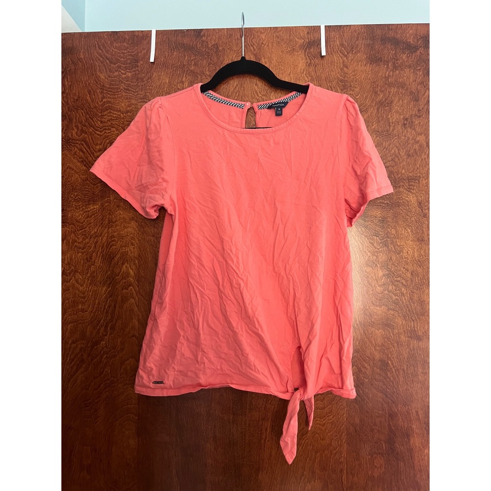 Nautica‎ Tie Front Top Womens Medium Coral Pink Short Sleeve Tee